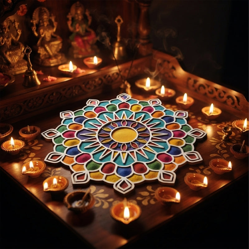 Todfod Wooden Sun Mandala Rangoli for Floor Decoration Reusable MDF Rangoli for Diwali Home Entrance Pooja Festival Decor 12 Inch