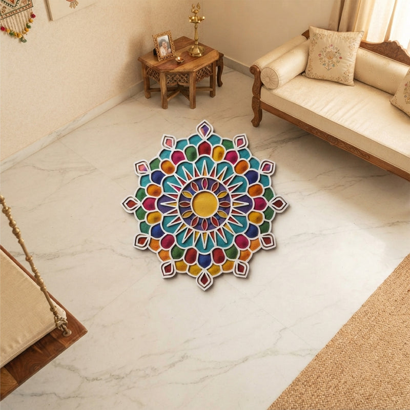 Todfod Wooden Sun Mandala Rangoli for Floor Decoration Reusable MDF Rangoli for Diwali Home Entrance Pooja Festival Decor 12 Inch