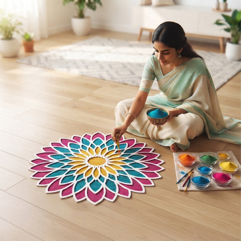 TodFod Wooden MDF Rangoli Floor Decor | 12x12 Inch Mandala Cut-Out Frame for Festivals & Home Decor