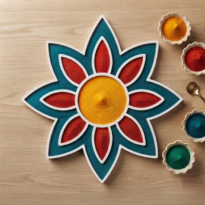 Todfod Wooden Flower Rangoli for Floor Decoration Reusable MDF Rangoli for Diwali Home Entrance Pooja Festival Decor 8 Inch