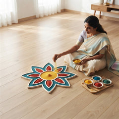 Todfod Wooden Flower Rangoli for Floor Decoration Reusable MDF Rangoli for Diwali Home Entrance Pooja Festival Decor 8 Inch