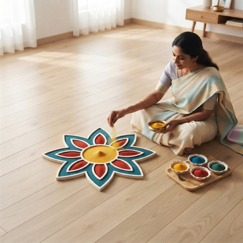 Todfod Wooden Flower Rangoli for Floor Decoration Reusable MDF Rangoli for Diwali Home Entrance Pooja Festival Decor 8 Inch
