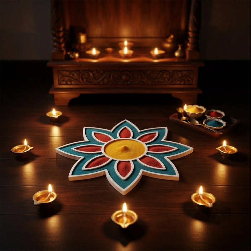 Todfod Wooden Flower Rangoli for Floor Decoration Reusable MDF Rangoli for Diwali Home Entrance Pooja Festival Decor 8 Inch