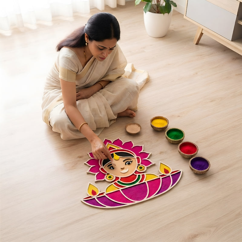 Todfod Wooden Lakshmi Rangoli for Floor Decoration Reusable MDF Diwali Rangoli for Home Entrance Pooja Festival Decor 12 Inch