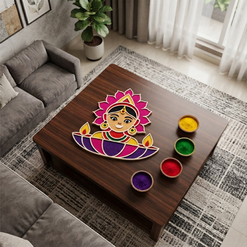 Todfod Wooden Lakshmi Rangoli for Floor Decoration Reusable MDF Diwali Rangoli for Home Entrance Pooja Festival Decor 12 Inch