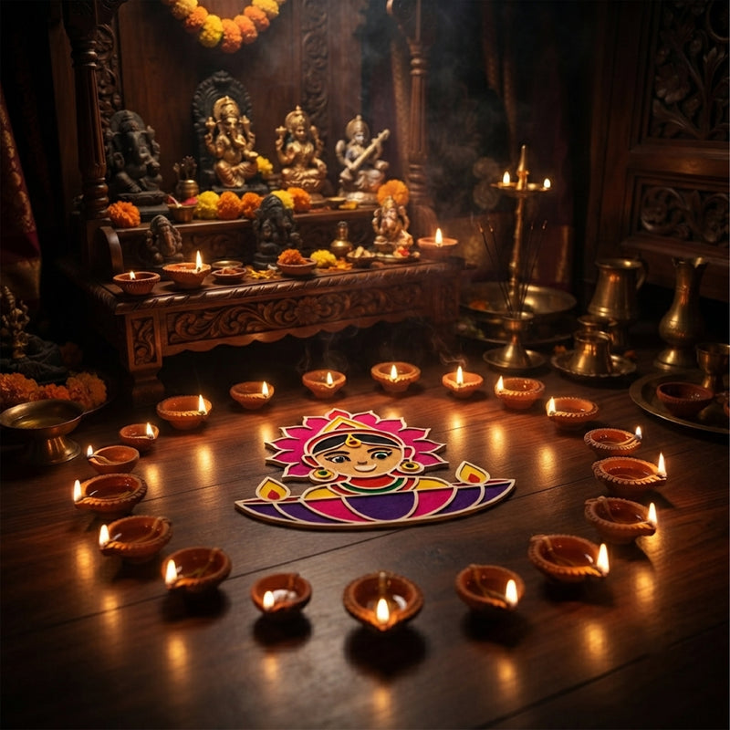 Todfod Wooden Lakshmi Rangoli for Floor Decoration Reusable MDF Diwali Rangoli for Home Entrance Pooja Festival Decor 12 Inch