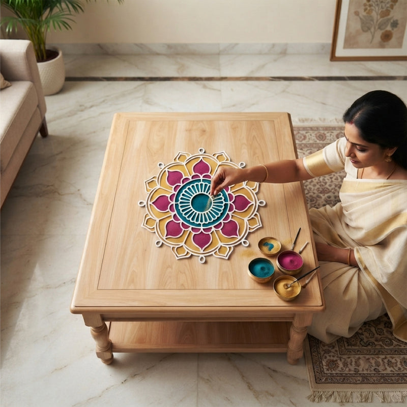 Todfod Wooden Floral Mandala Rangoli for Floor Decoration Reusable MDF Rangoli for Diwali Home Entrance Pooja Festival Decor 12 Inch