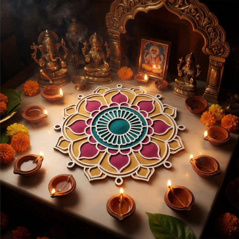 Todfod Wooden Floral Mandala Rangoli for Floor Decoration Reusable MDF Rangoli for Diwali Home Entrance Pooja Festival Decor 12 Inch