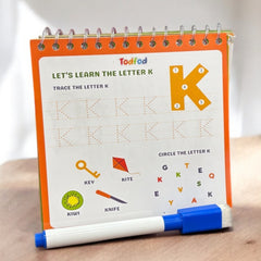 Educational children's book with a marker, teaching the letter 'K'.