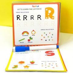 Educational book with letter tracing activity and marker on a yellow background