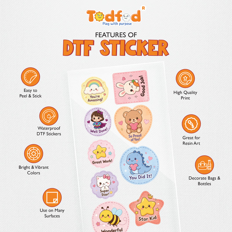 TodFod Rewards DTF Heat Transfer Sticker Sheet | Cute Motivational Iron-On Transfers for Kids T-Shirts, Hoodies, Bags & Fabric DIY Crafts | 11 x 4 Inch