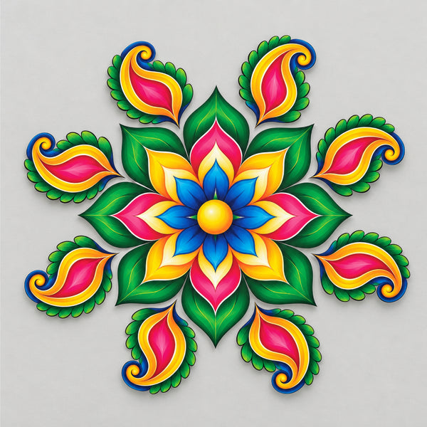 Todfod Royal Petal Paisley Wooden MDF Rangoli 14 Inch | Colourful Floral Floor Decor for Home Entrance Diwali and Pooja Decoration