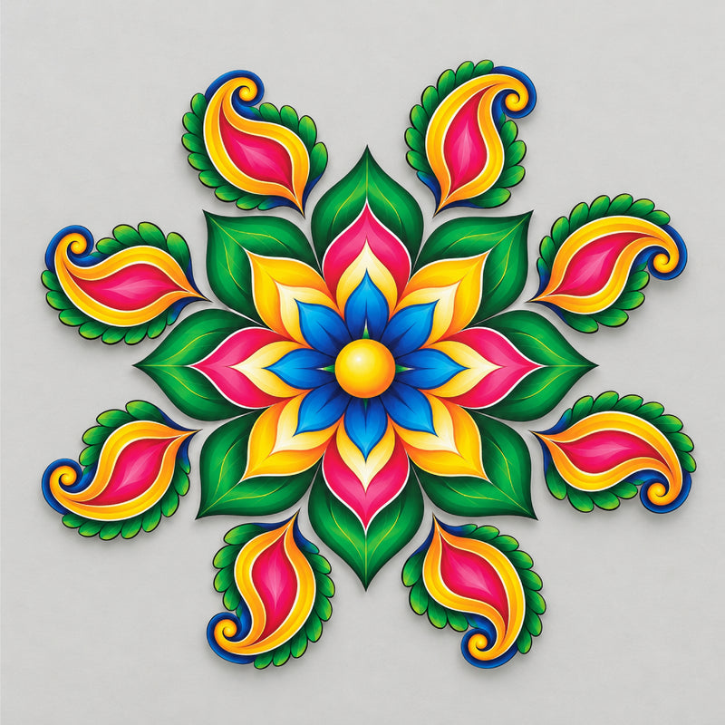 Todfod Royal Petal Paisley Wooden MDF Rangoli 14 Inch | Colourful Floral Floor Decor for Home Entrance Diwali and Pooja Decoration