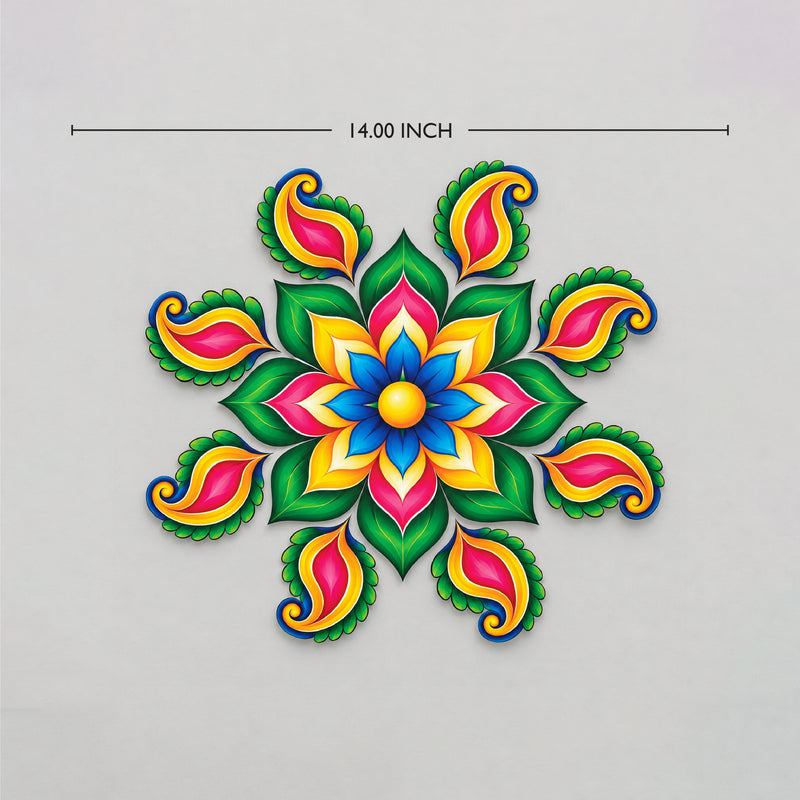 Todfod Royal Petal Paisley Wooden MDF Rangoli 14 Inch | Colourful Floral Floor Decor for Home Entrance Diwali and Pooja Decoration