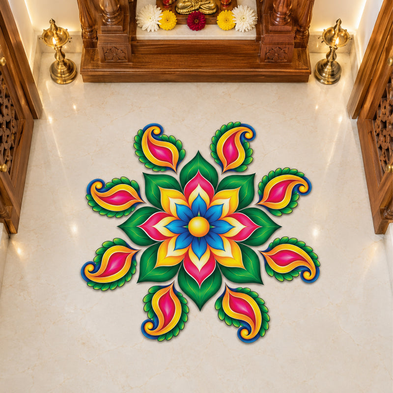 Todfod Royal Petal Paisley Wooden MDF Rangoli 14 Inch | Colourful Floral Floor Decor for Home Entrance Diwali and Pooja Decoration