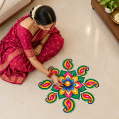 Todfod Royal Petal Paisley Wooden MDF Rangoli 14 Inch | Colourful Floral Floor Decor for Home Entrance Diwali and Pooja Decoration
