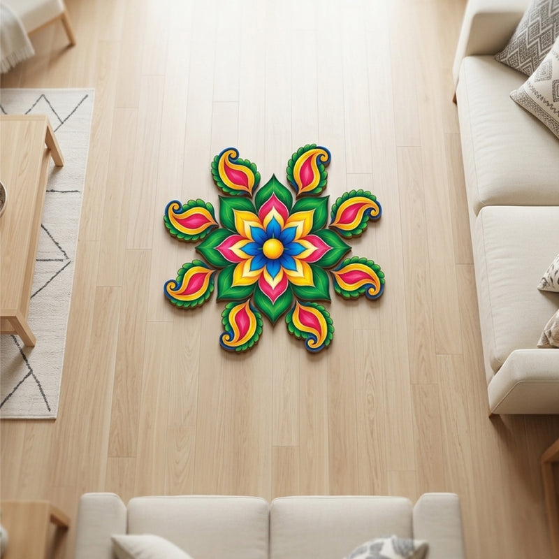 Todfod Royal Petal Paisley Wooden MDF Rangoli 14 Inch | Colourful Floral Floor Decor for Home Entrance Diwali and Pooja Decoration