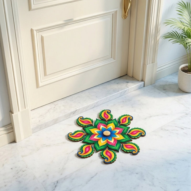 Todfod Royal Petal Paisley Wooden MDF Rangoli 14 Inch | Colourful Floral Floor Decor for Home Entrance Diwali and Pooja Decoration