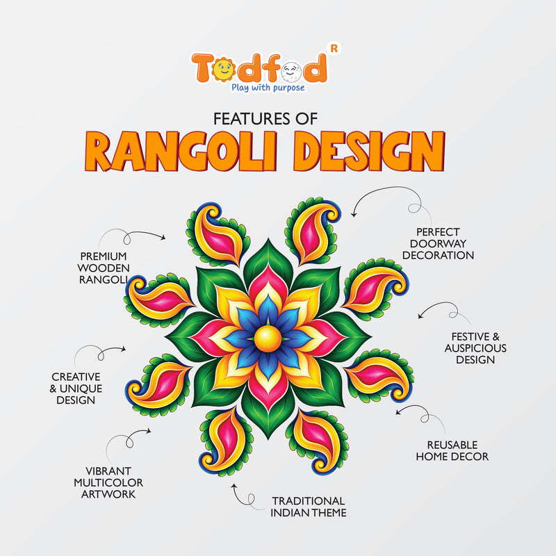 Todfod Royal Petal Paisley Wooden MDF Rangoli 14 Inch | Colourful Floral Floor Decor for Home Entrance Diwali and Pooja Decoration