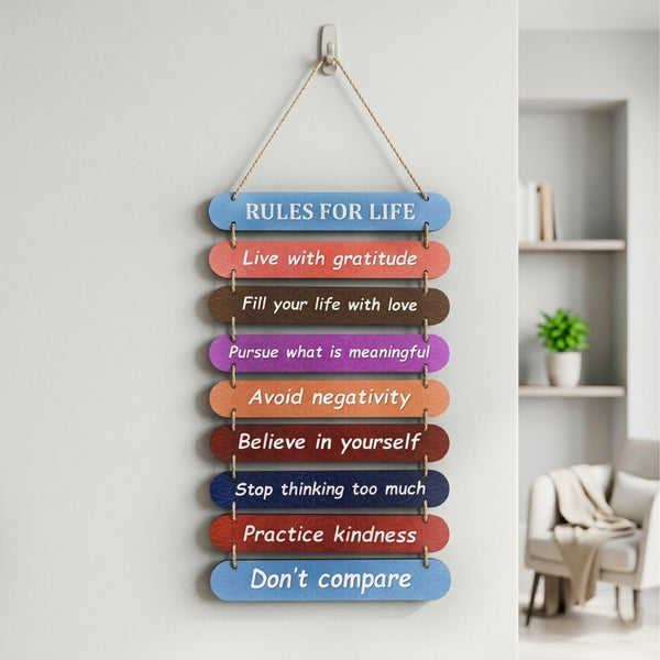 TodFod Rules of Life Wall Hanging Decor | 24x11 Inch Motivational Multi-Color Wooden Plank Sign for Home & Office - Todfod