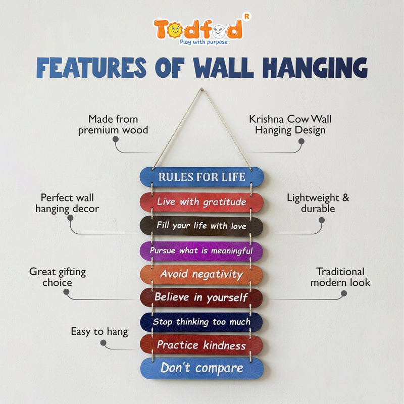 TodFod Rules of Life Wall Hanging Decor | 24x11 Inch Motivational Multi-Color Wooden Plank Sign for Home & Office - Todfod
