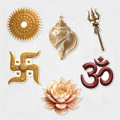 TodFod Sanatani Fridge Magnet Set of 6 | 3 Inch Om, Swastika, Trishul & Shankh MDF Wood Magnets for Puja Room Decor