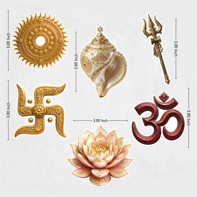 TodFod Sanatani Fridge Magnet Set of 6 | 3 Inch Om, Swastika, Trishul & Shankh MDF Wood Magnets for Puja Room Decor