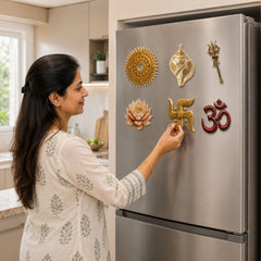 TodFod Sanatani Fridge Magnet Set of 6 | 3 Inch Om, Swastika, Trishul & Shankh MDF Wood Magnets for Puja Room Decor