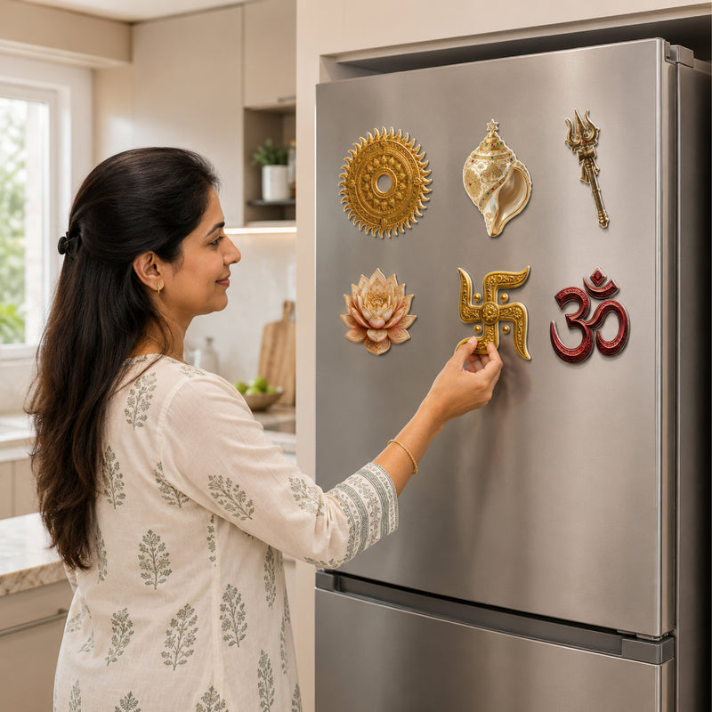 TodFod Sanatani Fridge Magnet Set of 6 | 3 Inch Om, Swastika, Trishul & Shankh MDF Wood Magnets for Puja Room Decor