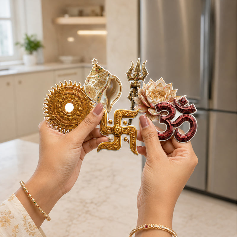 TodFod Sanatani Fridge Magnet Set of 6 | 3 Inch Om, Swastika, Trishul & Shankh MDF Wood Magnets for Puja Room Decor