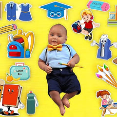 Child surrounded by educational illustrations on a yellow background
