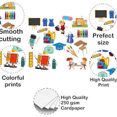 Illustrations of school supplies with text highlighting features like smooth cutting, perfect size, colorful prints, and high-quality print on 250 gsm cardpaper.