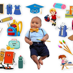 Child surrounded by educational-themed illustrations including a chalkboard, backpack, and classroom elements.