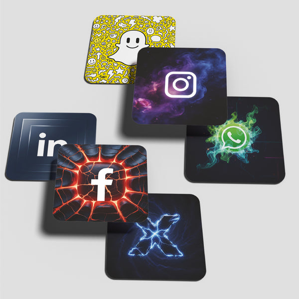 Smaran Social Media Theme MDF Wooden Tea Coffee Coasters Set of 6 | 4x4 Inch Reusable Table Drink Coasters with App Icons | Heat Resistant Cup Mats for Modern Home Office Desk Decor & Gifts