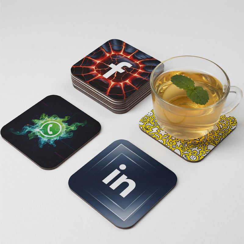 Smaran Social Media Theme MDF Wooden Tea Coffee Coasters Set of 6 | 4x4 Inch Reusable Table Drink Coasters with App Icons | Heat Resistant Cup Mats for Modern Home Office Desk Decor & Gifts