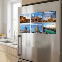 TodFod Spiritual Places of India Fridge Magnet Set of 6 | 3x2.25 Inch Kashi, Badrinath, Dwarka & Puri Temple MDF Wood Magnets