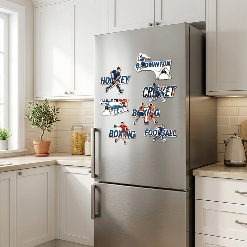 TodFod Sports Design Fridge Magnet Set of 6 | 3 Inch Table Tennis, Football, Cricket, Boxing, Badminton & Hockey MDF Wood Magnets
