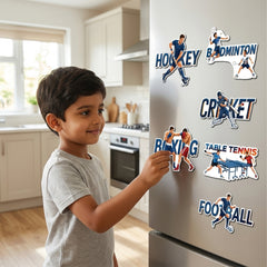 TodFod Sports Design Fridge Magnet Set of 6 | 3 Inch Table Tennis, Football, Cricket, Boxing, Badminton & Hockey MDF Wood Magnets