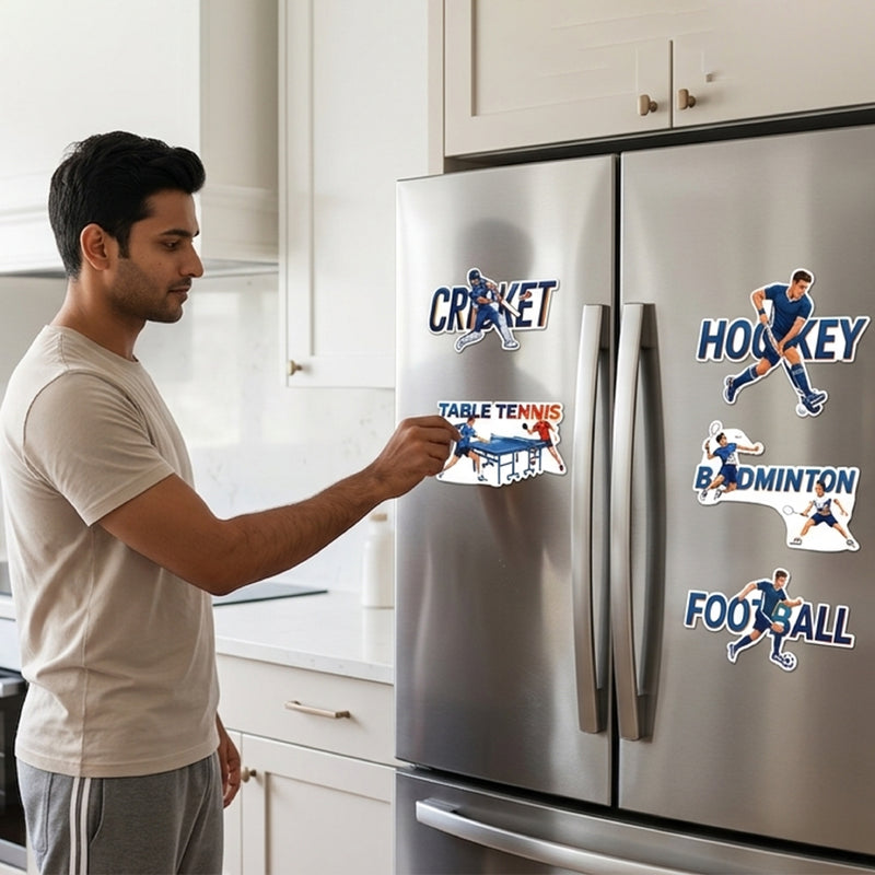 TodFod Sports Design Fridge Magnet Set of 6 | 3 Inch Table Tennis, Football, Cricket, Boxing, Badminton & Hockey MDF Wood Magnets