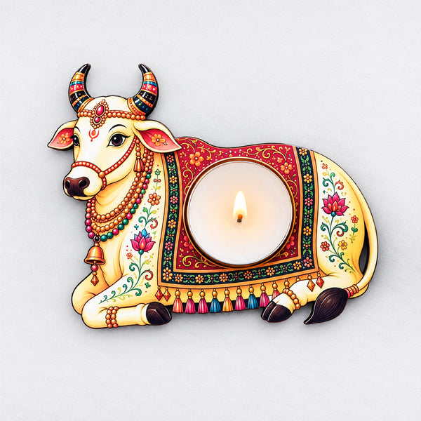 TodFod Nandi Cow Tealight Candle Holder Coaster 4 Inch Wooden MDF Decorative Diya Stand for Diwali Pooja Home Decor