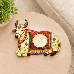 TodFod Nandi Cow Tealight Candle Holder Coaster 4 Inch Wooden MDF Decorative Diya Stand for Diwali Pooja Home Decor