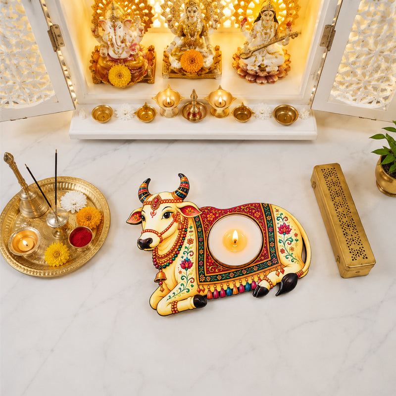 TodFod Nandi Cow Tealight Candle Holder Coaster 4 Inch Wooden MDF Decorative Diya Stand for Diwali Pooja Home Decor