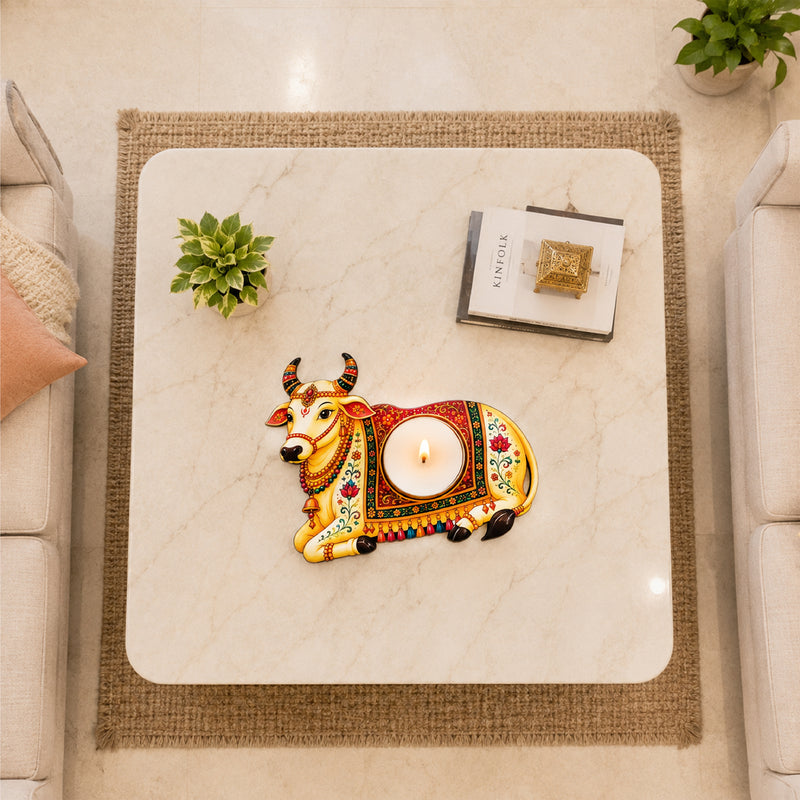 TodFod Nandi Cow Tealight Candle Holder Coaster 4 Inch Wooden MDF Decorative Diya Stand for Diwali Pooja Home Decor