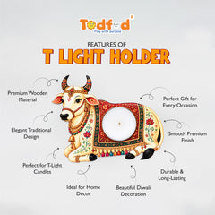 TodFod Nandi Cow Tealight Candle Holder Coaster 4 Inch Wooden MDF Decorative Diya Stand for Diwali Pooja Home Decor