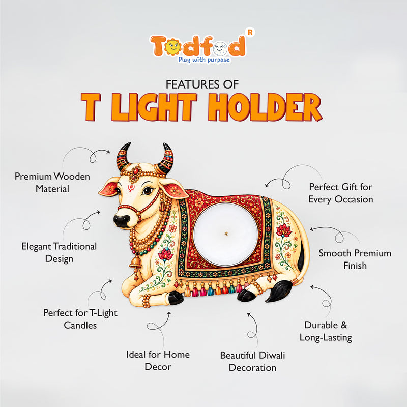 TodFod Nandi Cow Tealight Candle Holder Coaster 4 Inch Wooden MDF Decorative Diya Stand for Diwali Pooja Home Decor