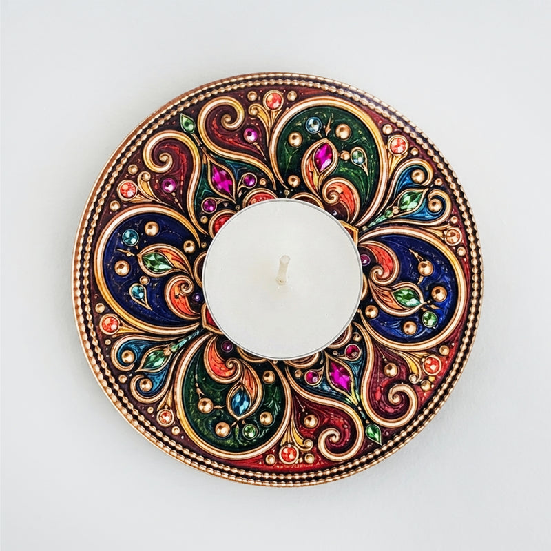 TodFod Round Tealight Candle Holder Coaster 4 Inch Decorative Wooden MDF Mandala Design for Diwali Pooja Home Decor