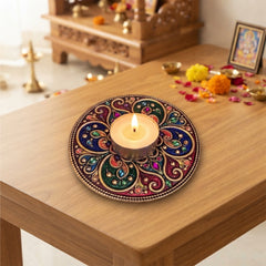 TodFod Round Tealight Candle Holder Coaster 4 Inch Decorative Wooden MDF Mandala Design for Diwali Pooja Home Decor