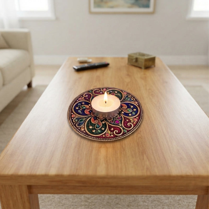 TodFod Round Tealight Candle Holder Coaster 4 Inch Decorative Wooden MDF Mandala Design for Diwali Pooja Home Decor
