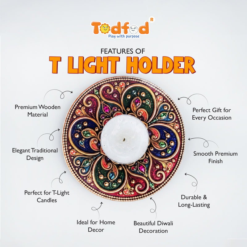 TodFod Round Tealight Candle Holder Coaster 4 Inch Decorative Wooden MDF Mandala Design for Diwali Pooja Home Decor