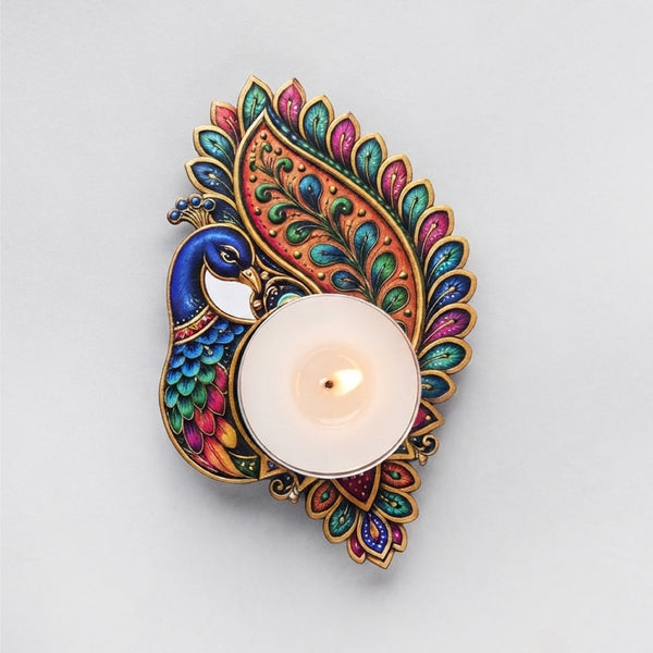 TodFod Peacock Tealight Candle Holder Coaster 4 Inch Wooden MDF Decorative Peacock Design for Diwali Pooja Home Decor